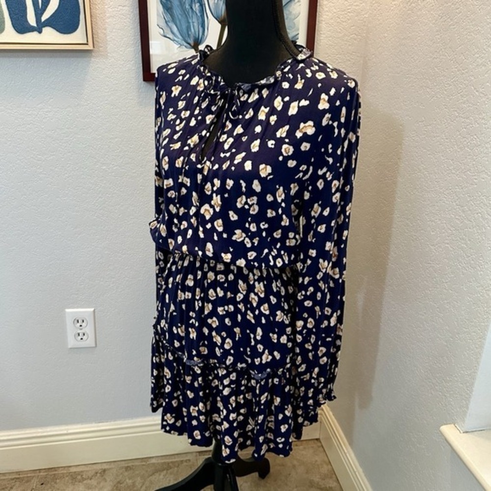 Ke.ned.ik Women Navy Floral‎ Short Dress Long Sleeve Tie Front Size Large